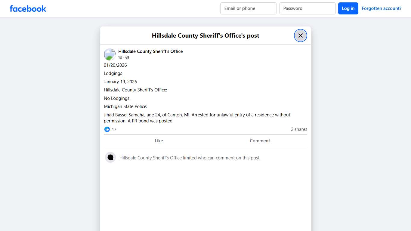 01/20/2026 Lodgings... - Hillsdale County Sheriff's Office | Facebook