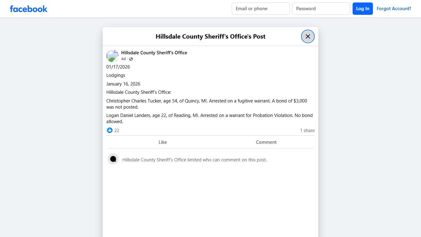 01/17/2026 Lodgings... - Hillsdale County Sheriff's Office | Facebook