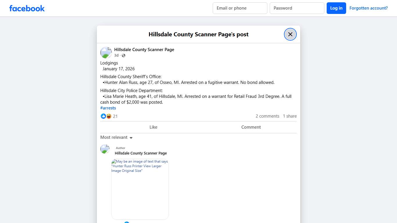 Lodgings January 17,... - Hillsdale County Scanner Page | Facebook